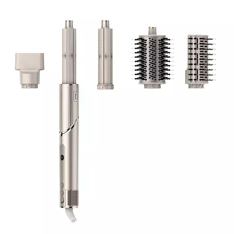 Shark FlexStyle Hair Dryer & Multi-Styler for Straight & Wavy Hair: A silver-hued hari styling device with five interchangeable attachments on a white background