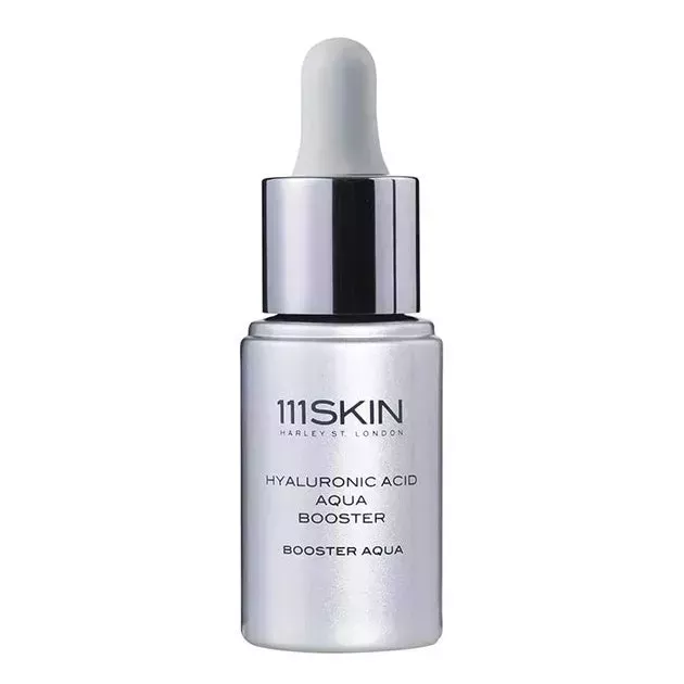 111Skin Hyaluronic Acid Aqua Booster light gray blue serum bottle on white background