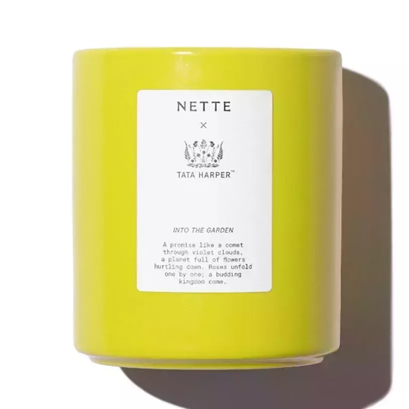 Into The Garden Candle green yellow candle on white background