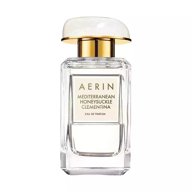 Aerin Beauty Mediterranean Honeysuckle Clementina Eau de Parfum: A glass square perfume bottle on a white background