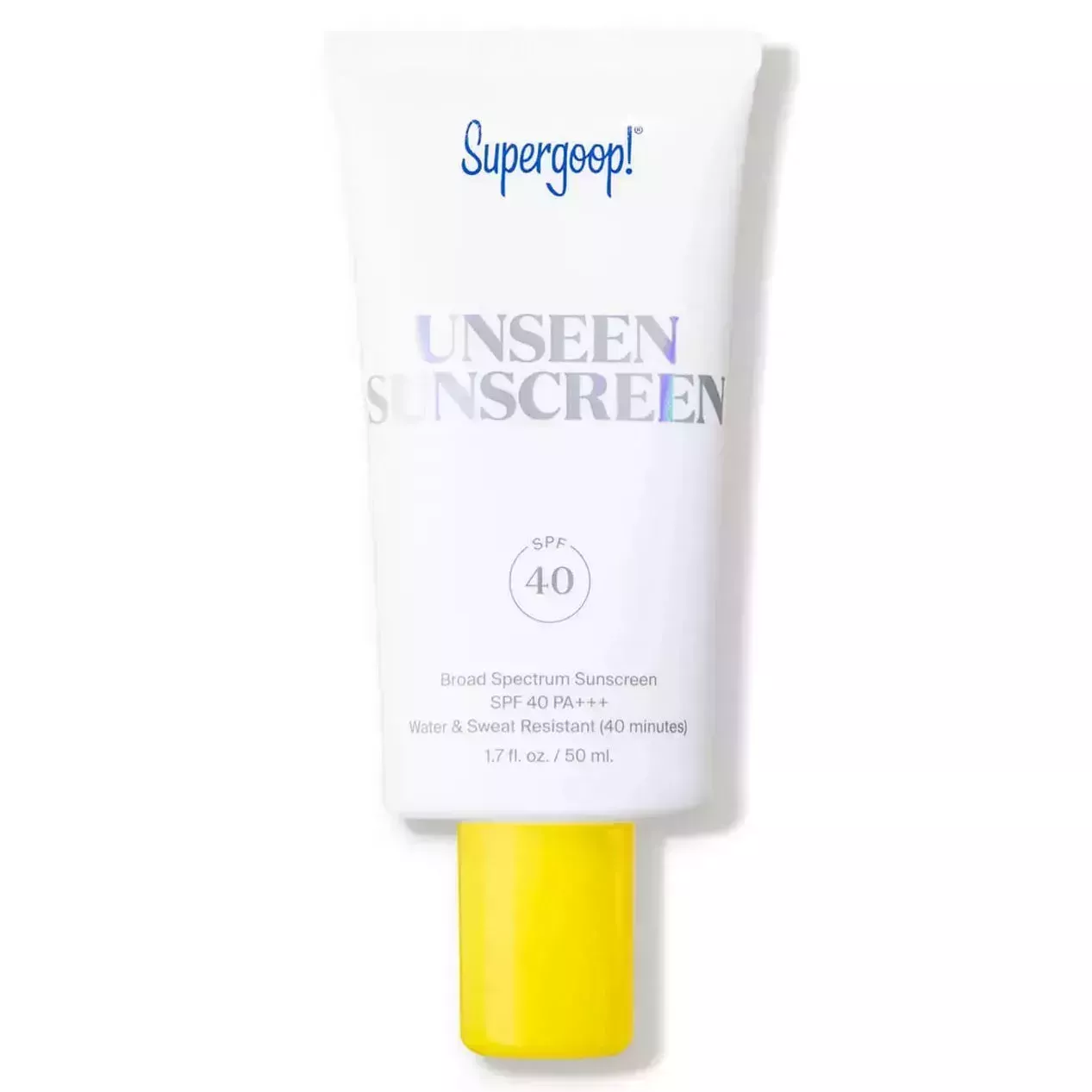 Supergoop Unseen Sunscreen SPF 40 flat white tube with yellow cap on white background