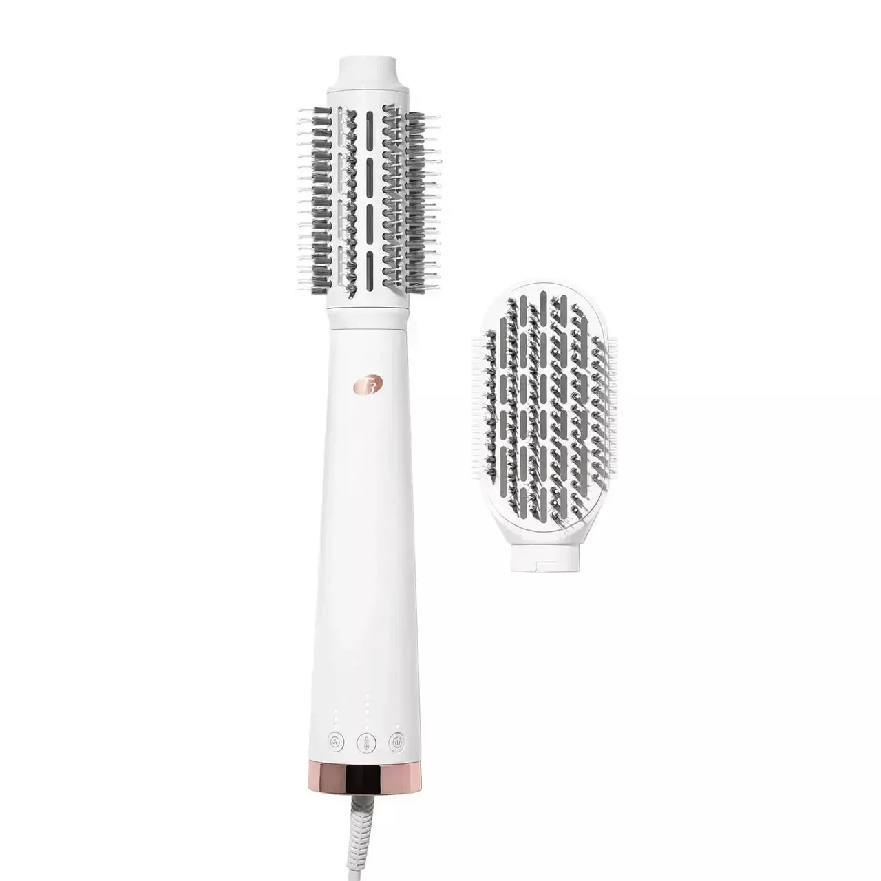 T3 AireBrush Duo white round blow dryer brush with alternative brush head on white background