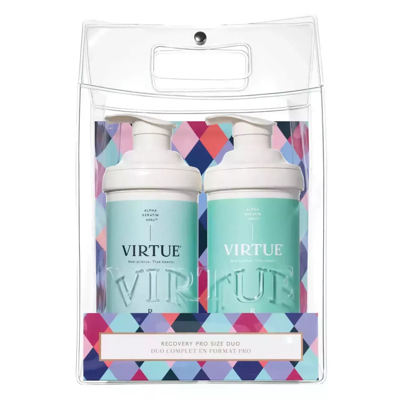 Virtue Celebrate Hair Repair Recovery Pro Size Duo plastic bag with two large mint bottles of champú and conditioner on white background