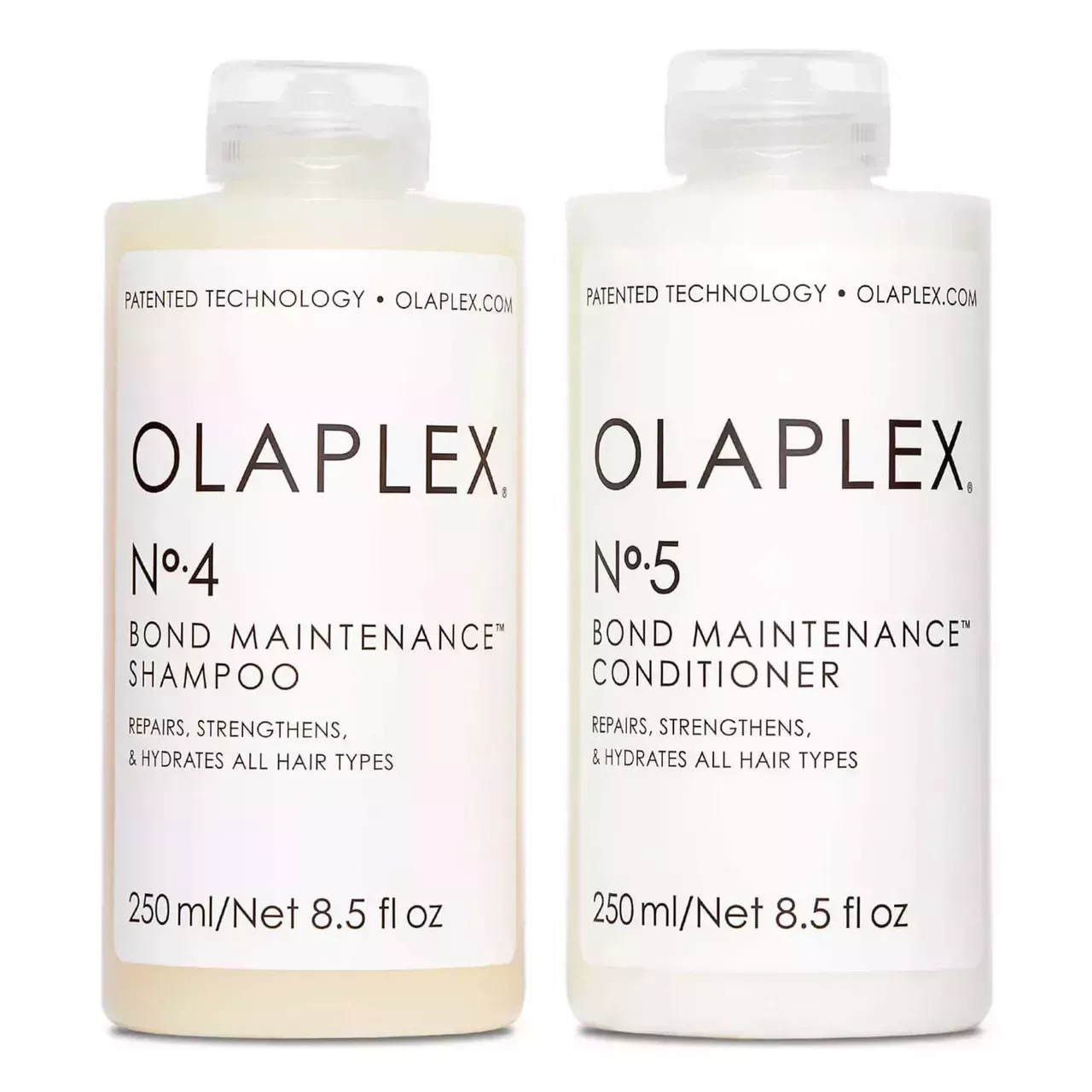 Olaplex Shampoo and Conditioner Bundle two white bottles of champú and conditioner on white background