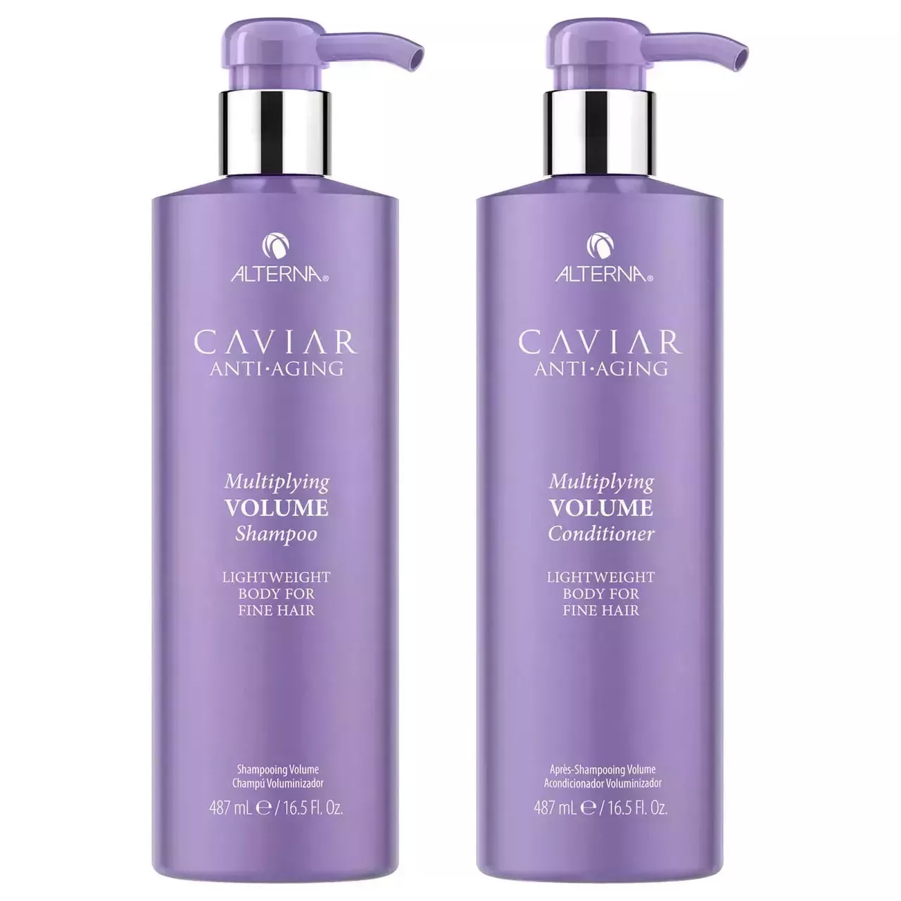 Alterna Caviar Multiplying Volume Large Kit two purple pump bottles of champú and conditioner on white background