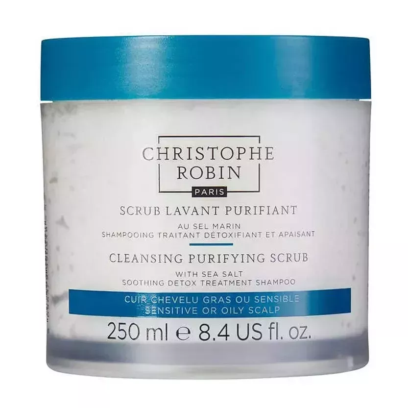 Christophe Robin Cleansing Purifying Scrub with Sea Salt transparent jar of scalp salt scrub with blue lid on white background
