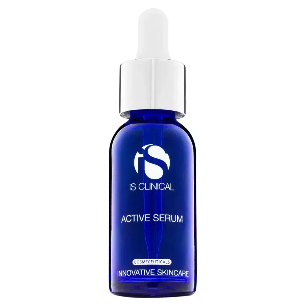 iS Clinical Active Serum blue serum bottle with white and silver dropper cap on white background