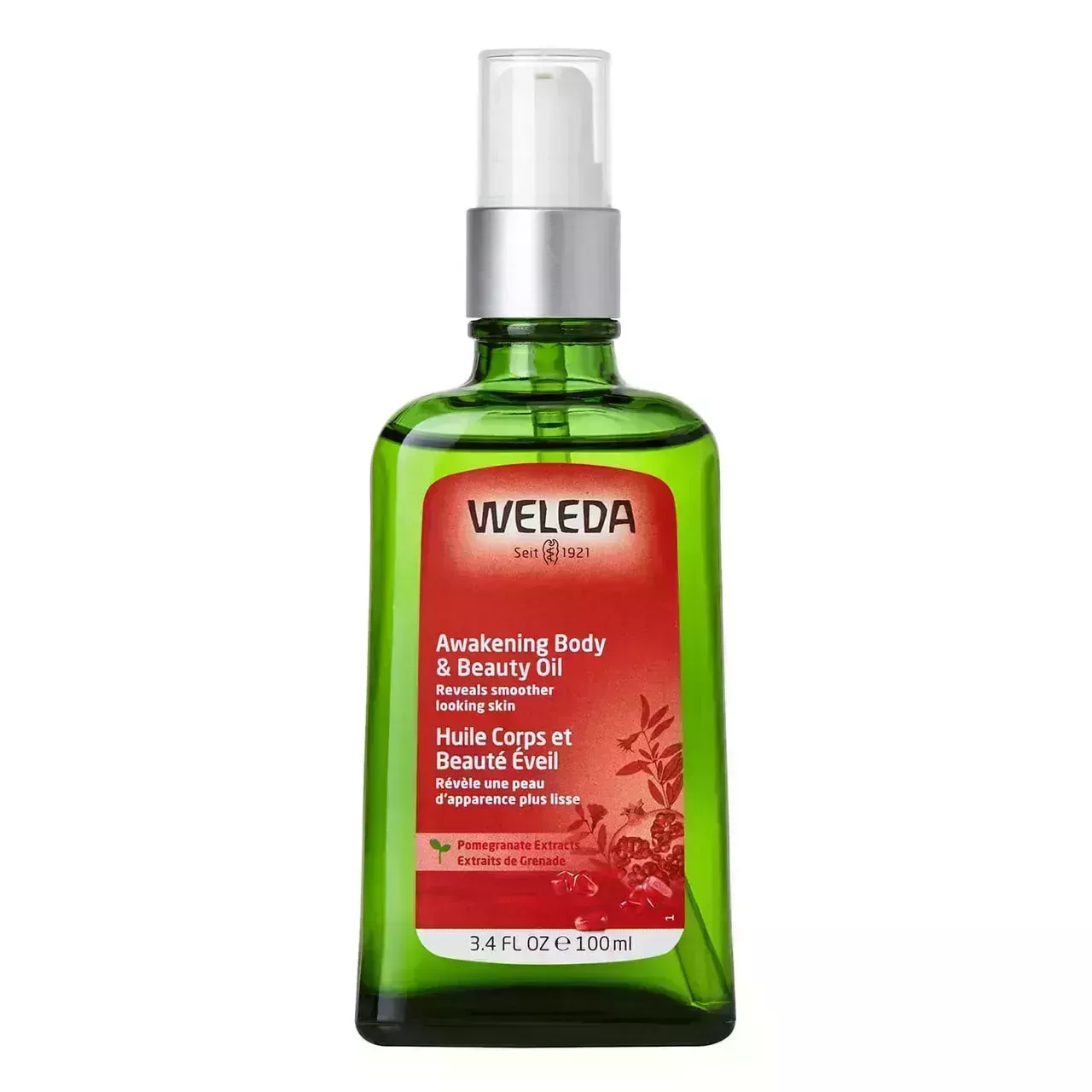 Weleda Awakening Body & Beauty Oil green spray bottle with red label on white background