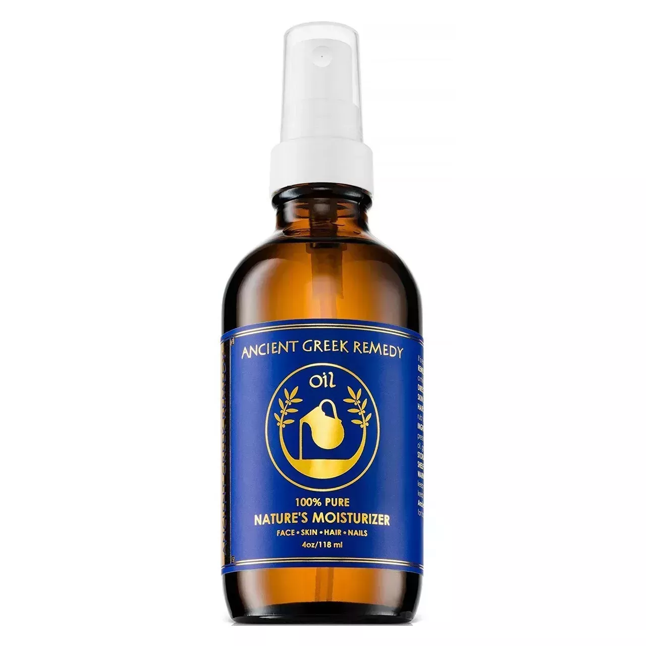 Ancient Greek Remedy Oil brown spray bottle with blue label and white spray cap on white background