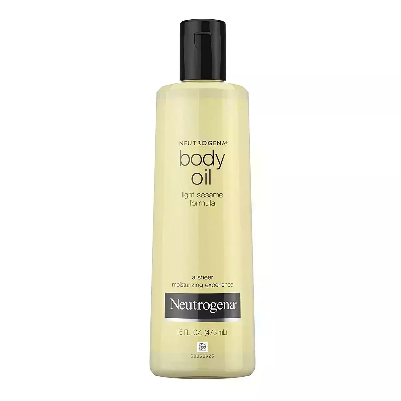 Neutrogena Body Oil bottle of pale yellow body oil with black cap on white background
