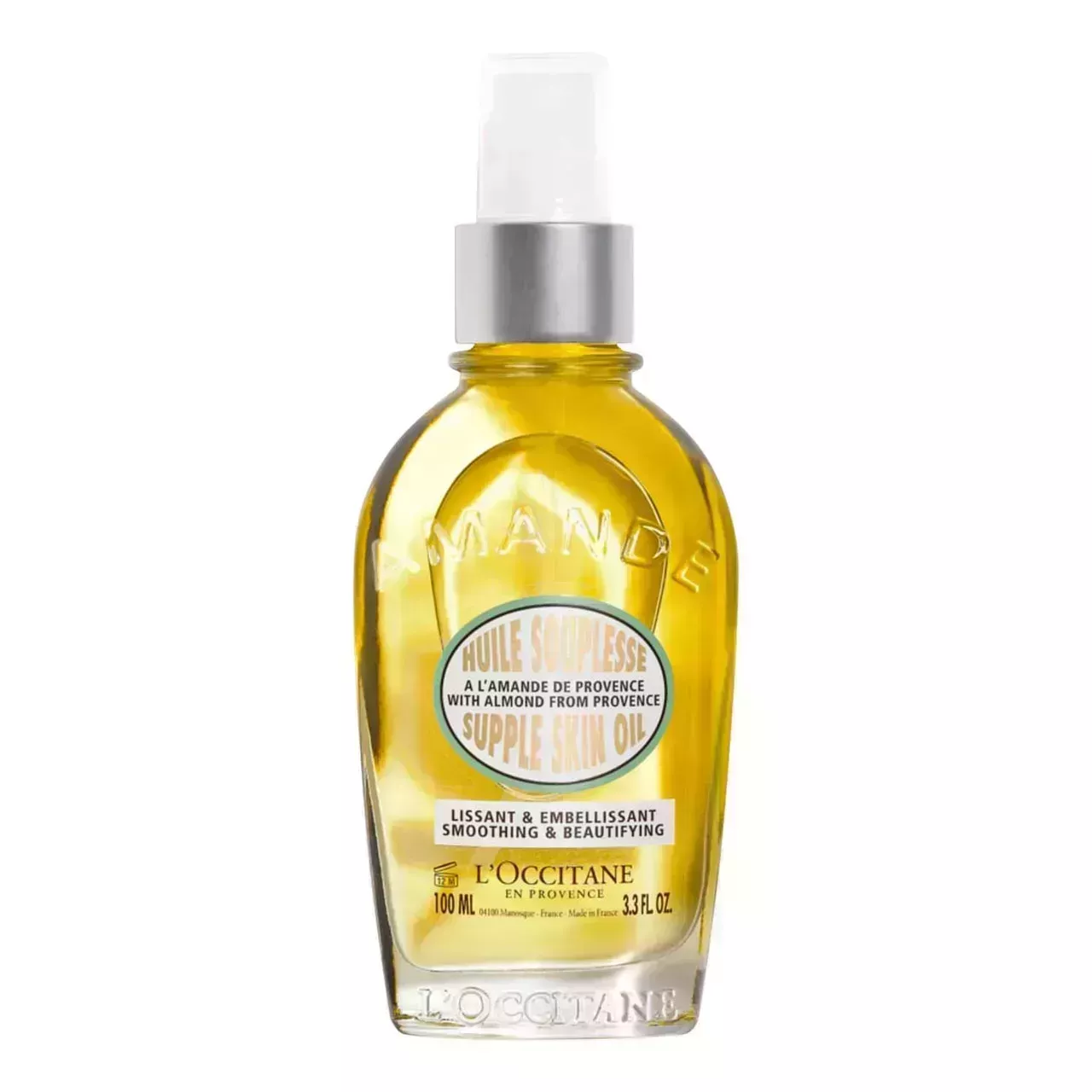 L'Occitane Almond Supple Skin Oil transparent spray bottle of yellow body oil on white background