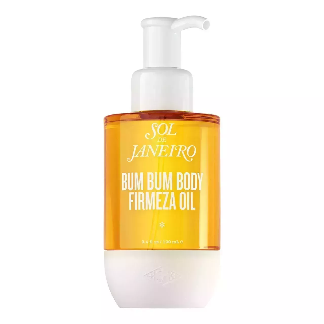 Sol de Janeiro Bum Bum Body Oil white and transparent orange pump bottle on white background