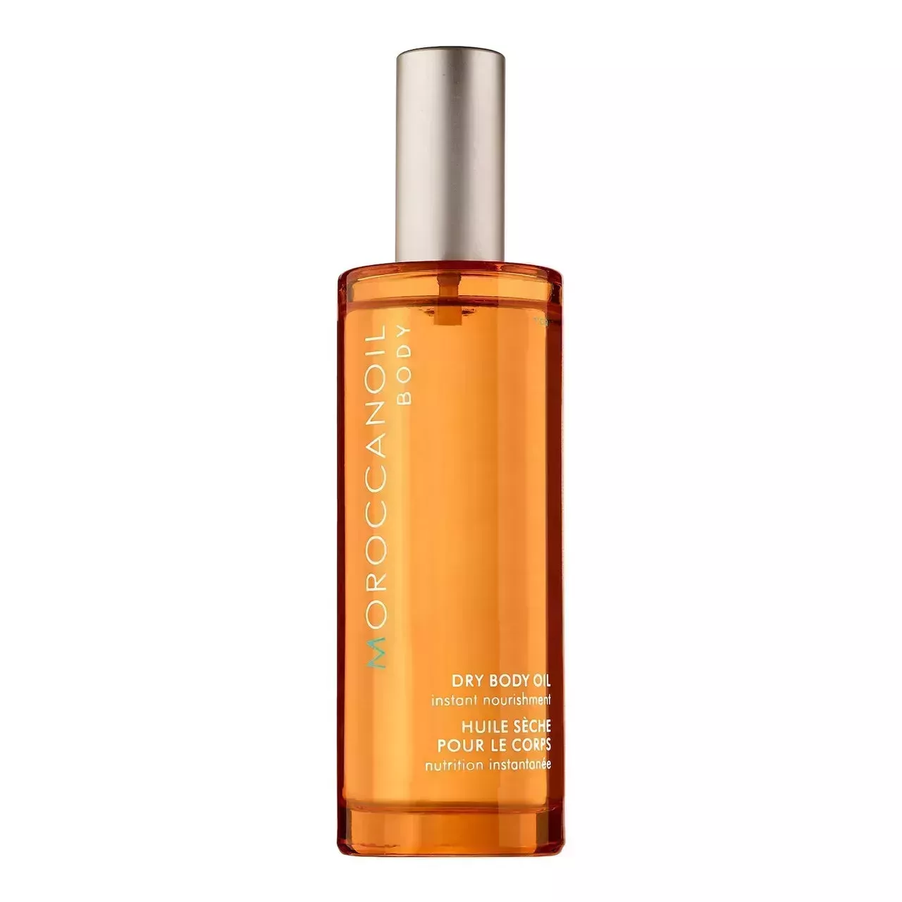 Moroccanoil Dry Body Oil transparent orange bottle with pale bronze cap on white background