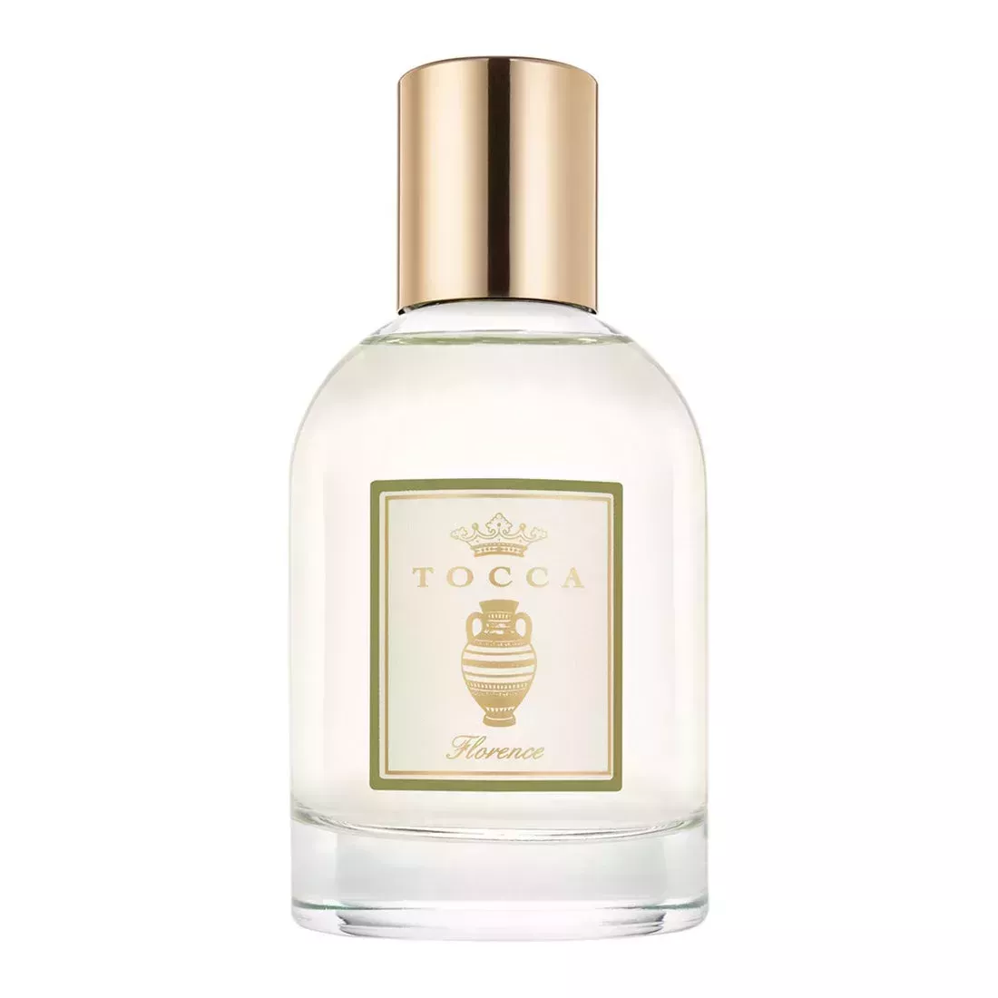 Tocca Scented Dry Body Oil bottle of pale yellow body oil with gold cap on white background