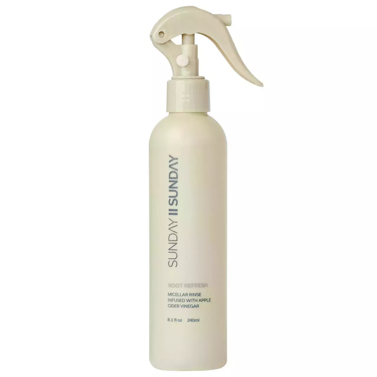 Sunday II Sunday Root Refresh Micellar Rinse with Apple Cider Vinegar pale yellow spray bottle on white background