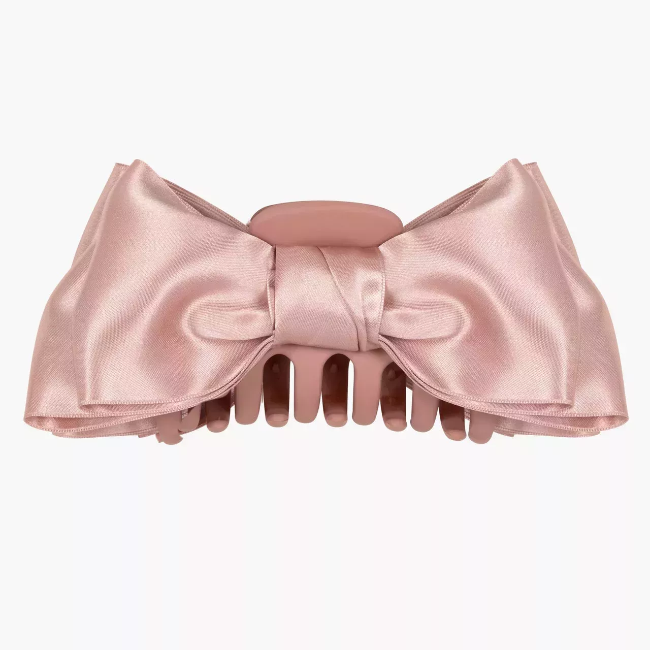 Jennifer Behr Agatha Jaw Clip pink claw clip with a satin bow on it on off white background