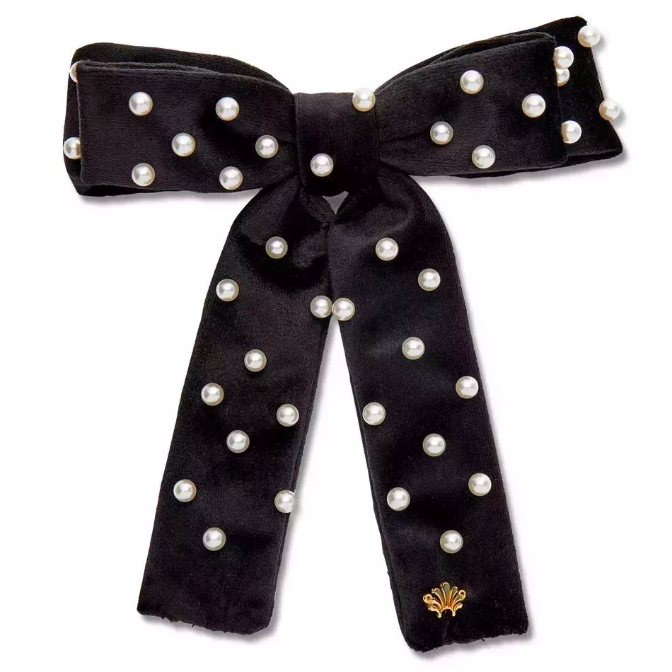 Lele Sadoughi Jet Pearl Embellished Antoinette Bow Barrette velvet bow with pearls on white background