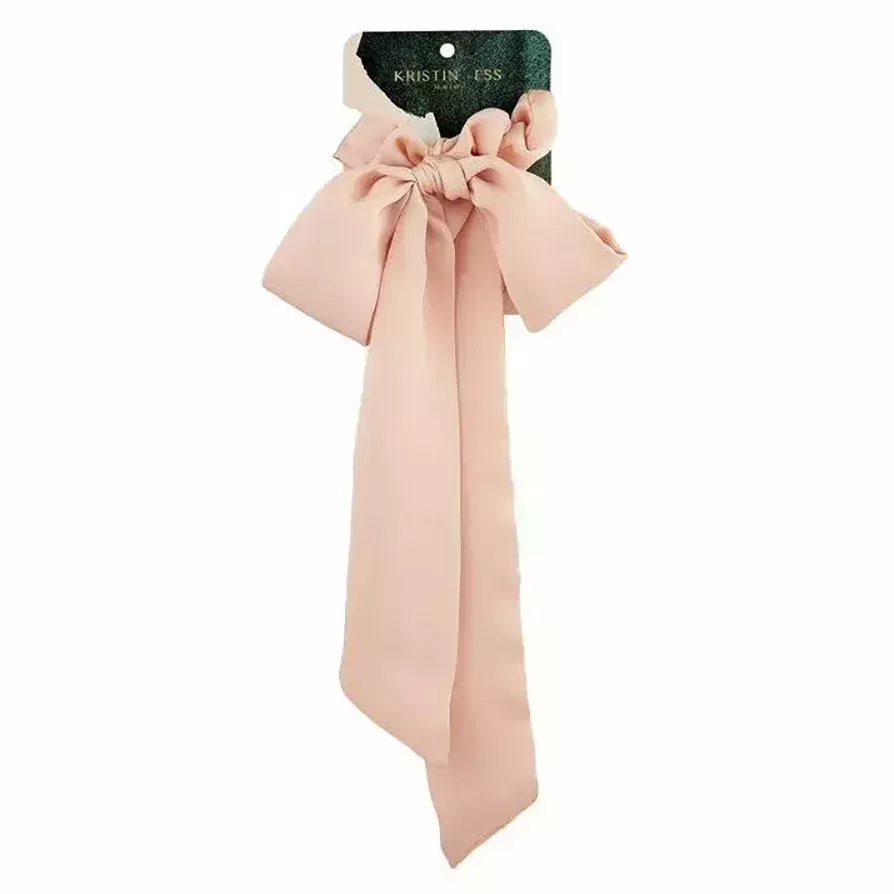 Kristin Ess Scrunchie + Scarf Set pink peach bow scrunchie on white background