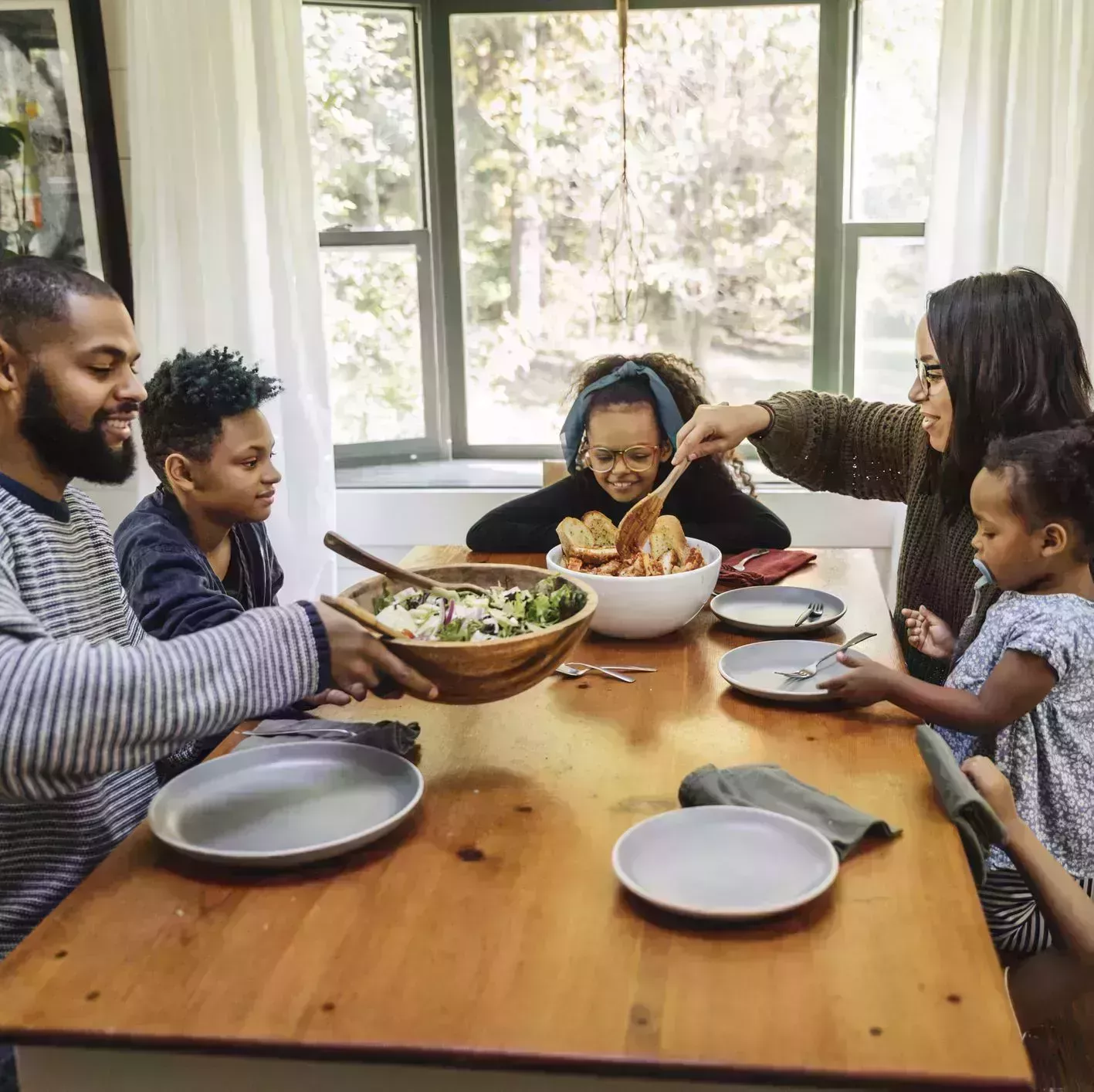 high angle view of family having meal together