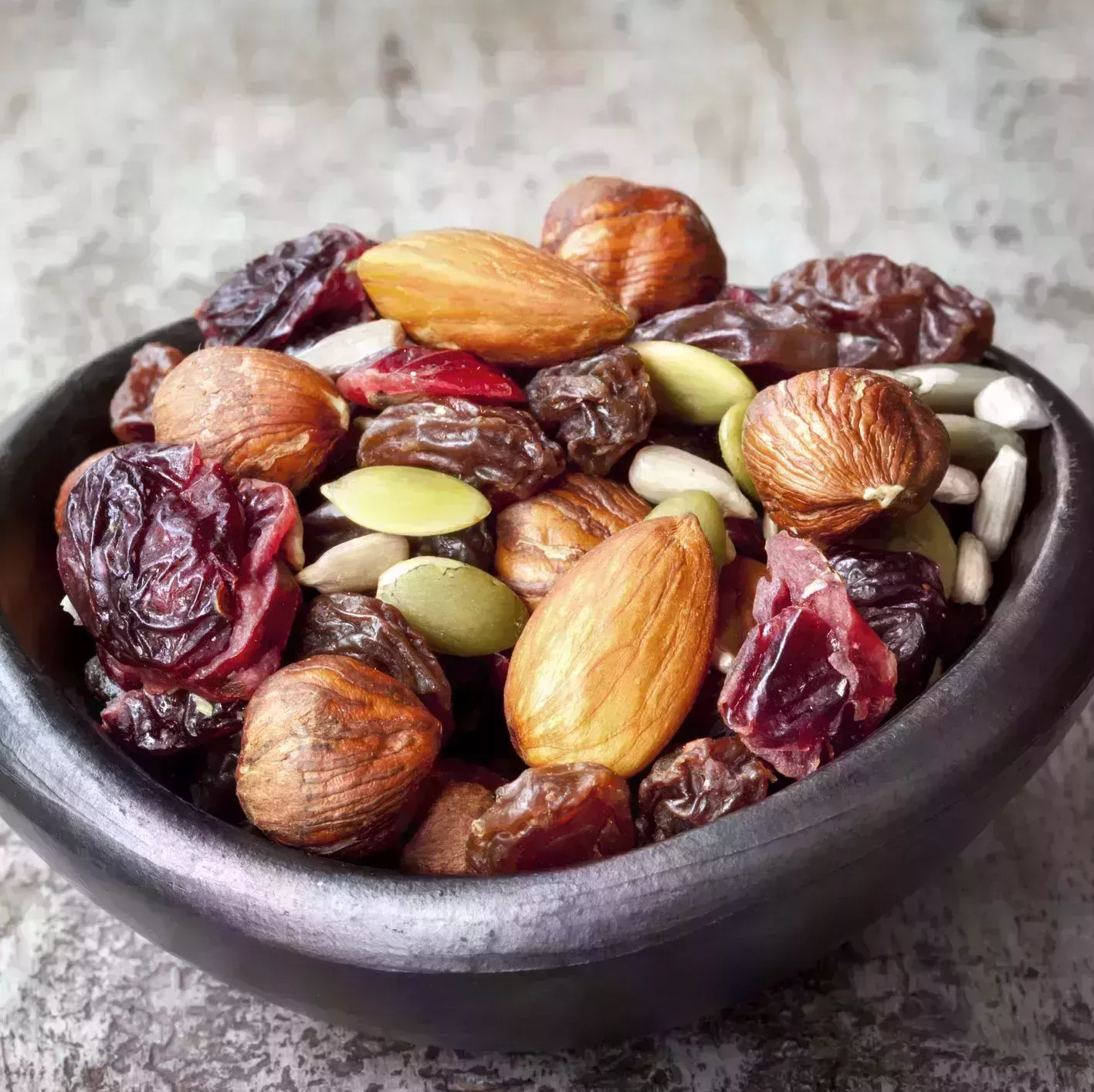 trail mix in black bowl