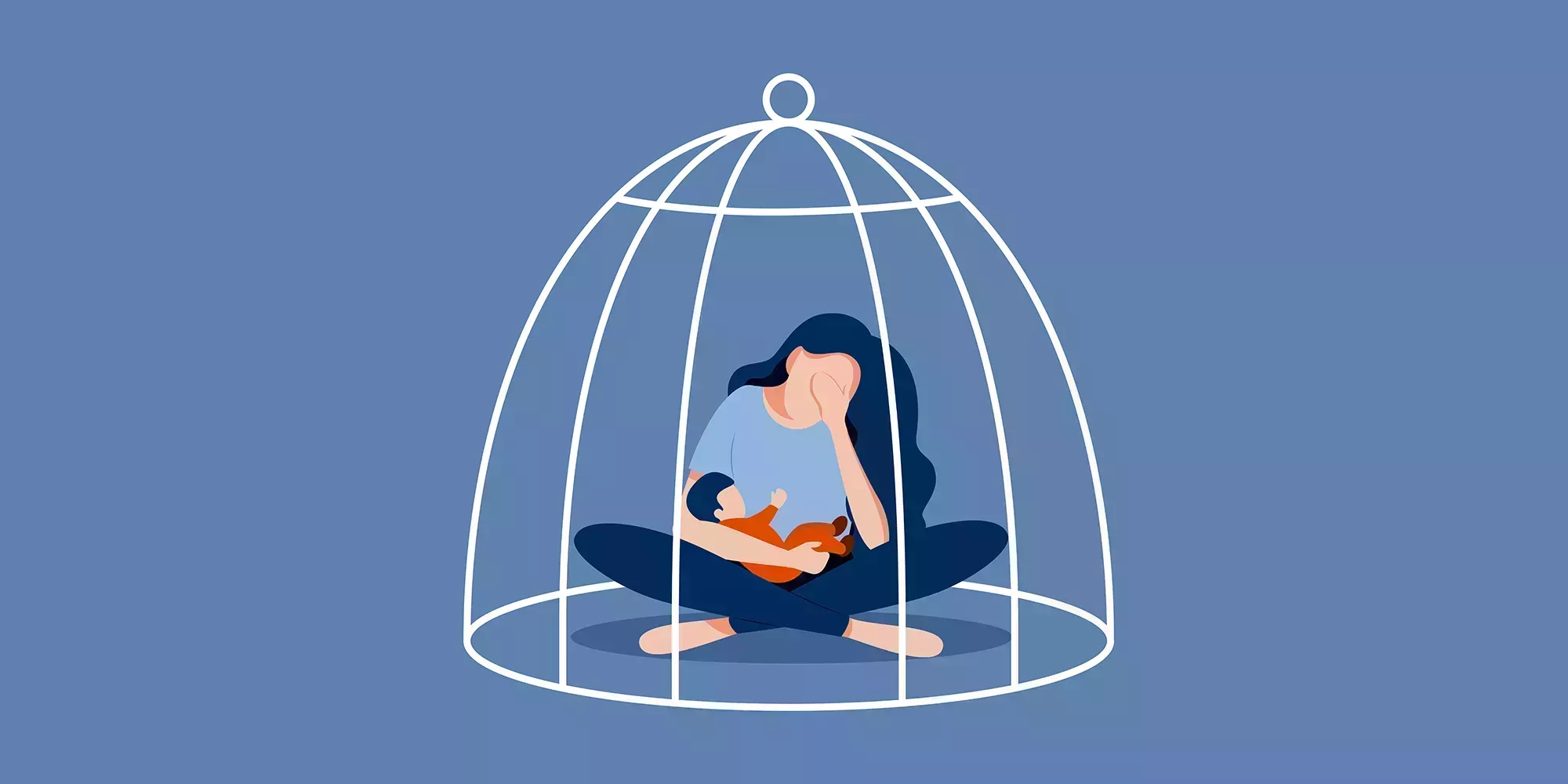 illustration of young mother with her baby trapped in a cage looking defeated