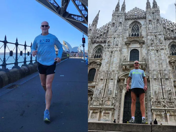 Composite image of Dennis Beggs running in Sydney, with the Sydney Opera House in the background, and Beggs standing in his running gear in front of the Duomo di Milan.