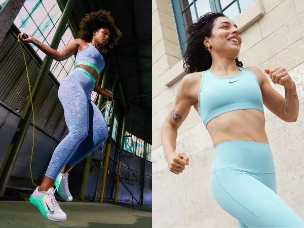 Dos modelos haciendo ejercicio con ropa de entrenamiento Nike.