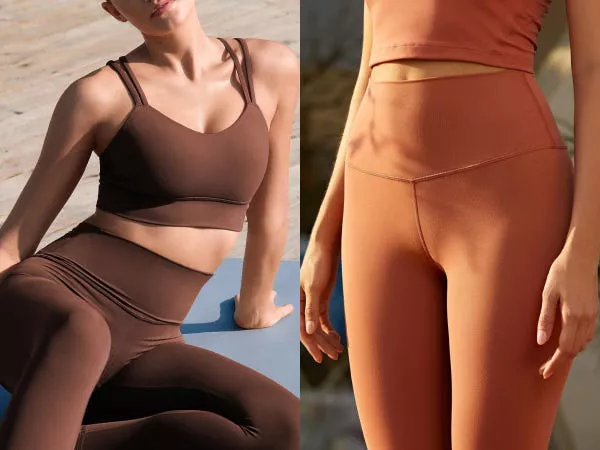 Leggings de color marrón y naranja quemado en modelo.