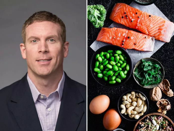 Composite image of a headshot of James White, and a flatlay of raw salmon, eggs, and veg and nuts in bowls.