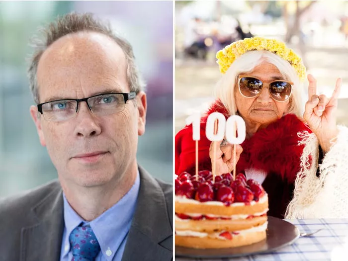Composite image of a headshot of Richard Faragher, and an older woman doing the 'rock on' hand sign with a cake in front of her that has candles that say '100.'