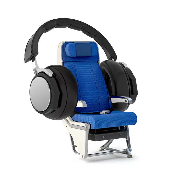 Un asiento de avión en clase económica con auriculares.
